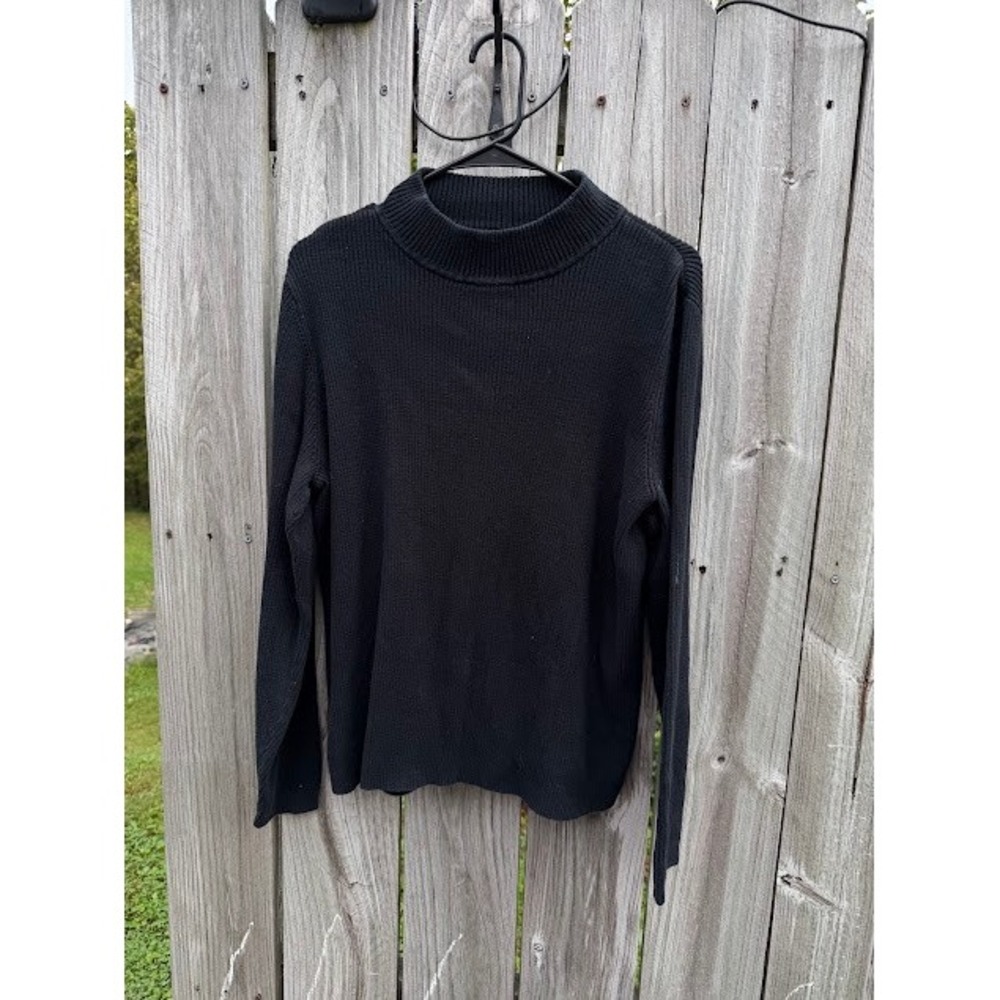 Minimalist Preppy Karen Scott Ribbed Mock Neck Sweater XL Black Cotton Knit